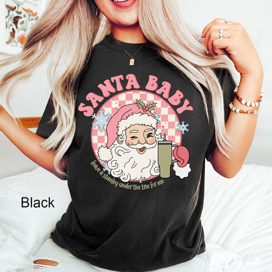 Pink Santa Baby Comfort Colors | Checkered | Leave a Stanley Under The Tree | Holiday| Vintage | Christmas Graphic Tee
