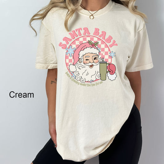 Pink Santa Baby Comfort Colors | Checkered | Leave a Stanley Under The Tree | Holiday| Vintage | Christmas Graphic Tee