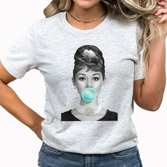 Audrey Hepburn Bubble Gum Graphic Tee | Hollywood | Famous | Tiffany Blue | Dimond's | Fun Graphic Tee | Layering Tee