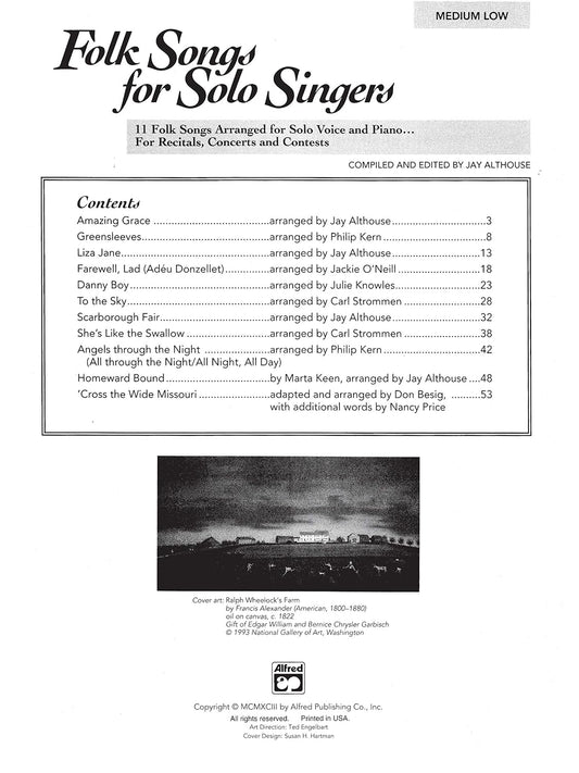 Folk Songs for Solo Singers, Vol 1: 11 Folk Songs Arranged for Solo Voice and Piano . . . for Recitals, Concerts, and Contests (Medium Low Voice)