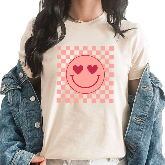Checkered Valentines Smiley Graphic Tee | Trendy | Heart Eyes | Valentine |  Love | Galantine |  Pink | Checkered | Happy | Layering Tee