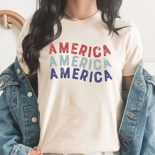 America Wave Graphic Tee | USA | Modern | Vintage | Red White And Blue | Patriotic | Flag | Holiday | Layering Tee