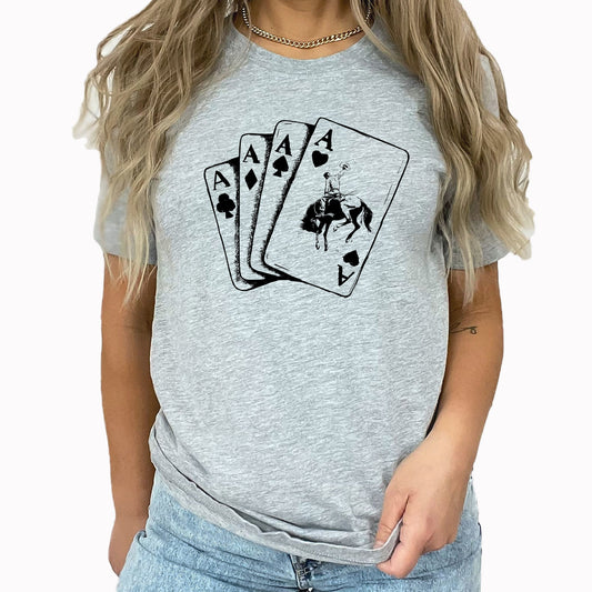 Aces Cowboy Trendy Graphic Tee | Western | Playing Cards | Horse | Rodeo | Wild West | Laying Tee | Simple Graphic | Deck of Cards