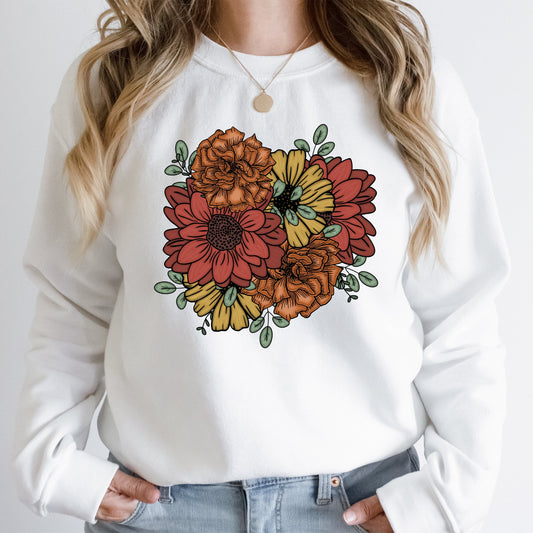 Boho Flower Bouquet Comfy Sweatshirt | Bold Statement Flowers | Fall | Warm Fleece Lined | Wildflower | Warm Colors | Floral Print