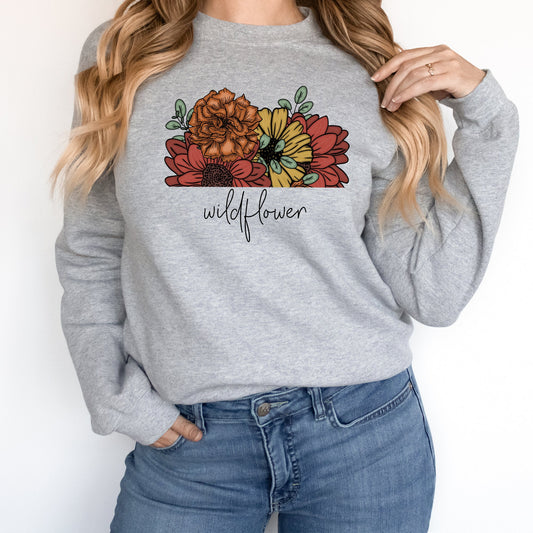 Bold Wildflower Bouquet Comfy Sweatshirt | Bold Statement Flowers | Boho Spring Flowers | Warm Fleece Lined | Wildflower | Warm Colors | Floral Print