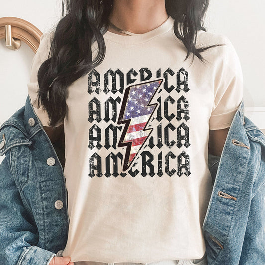 America Lightning Rock Graphic Tee | USA | Stars And Stripes | Vintage | Layering Tee | Retro | Rock N Roll | Patriotic