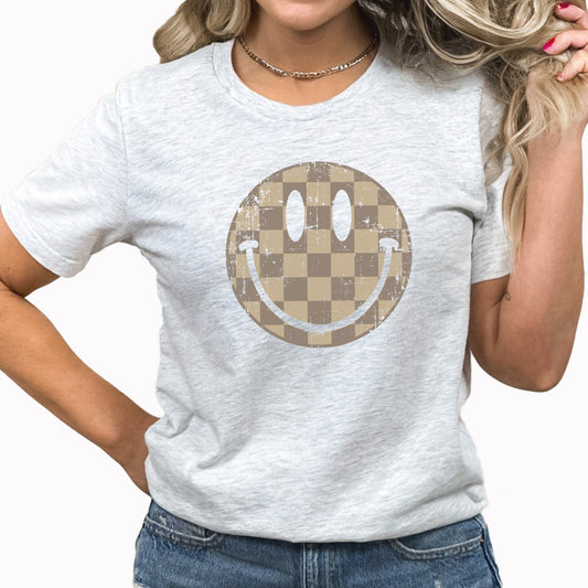Tan Checkered Smiley Graphic Tee | Smiley | Happy Face | Checkered | Distressed | Retro | Smiley Face