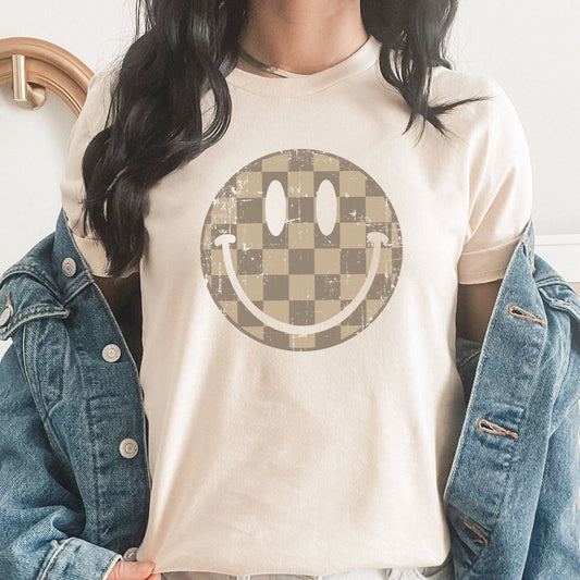 Tan Checkered Smiley Graphic Tee | Smiley | Happy Face | Checkered | Distressed | Retro | Smiley Face