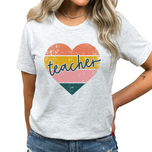 Teacher Striped Heart Graphic Tee | Teach Educate | Teacher Appreciation | School | Learn | Inspire | Elementary | Layering Tee