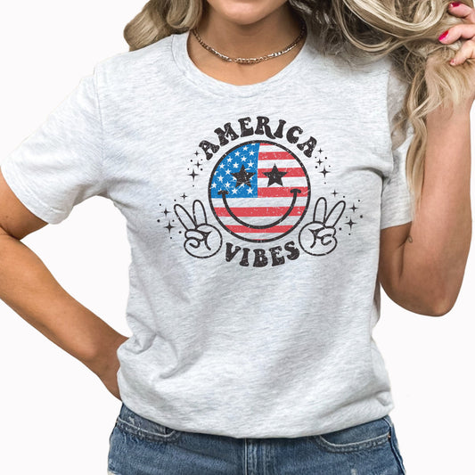 American Vibes Graphic Tee | July 4th | Independence Day | Peace Sign | American Flag | Smiley Face | Stars And Stripes