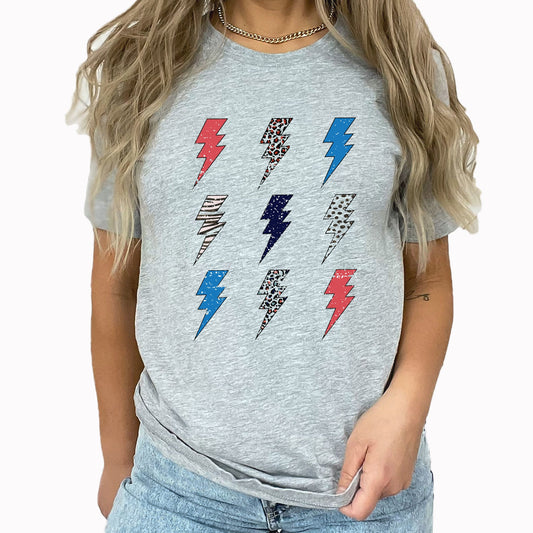 Lightning Bolt Grid Graphic Tee | Patriotic | American | Leopard Print | Independence Day | Lightning