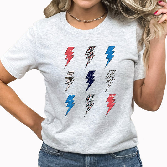 Lightning Bolt Grid Graphic Tee | Patriotic | American | Leopard Print | Independence Day | Lightning