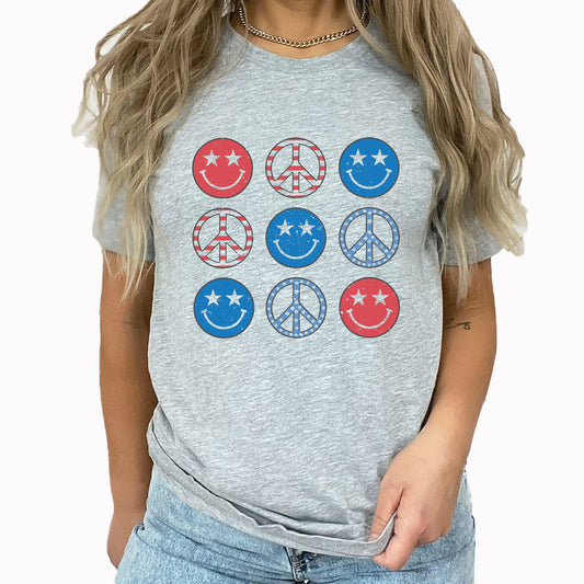 Smiley Peace Grid Graphic Tee | Smiley Face | Peace Sign | American | Independence Day | Patriotic | Stars