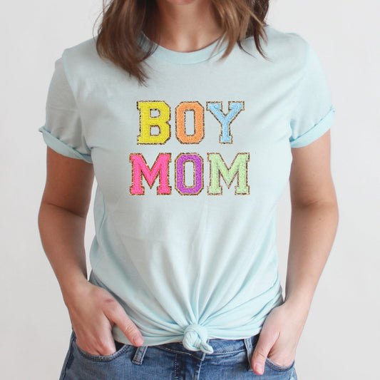Boy Mom Graphic Tee | Varsity Letter | Mom | Mother | Mama | Mother's Day | Block Lettering