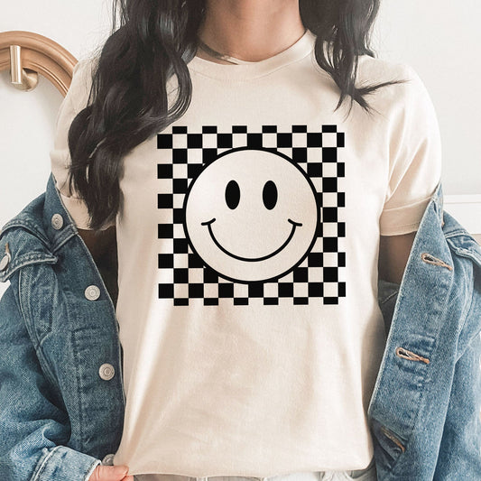 Smiley Face Graphic Tee | Checkered Smiley | Fun Face | Happy | Smile | Be happy
