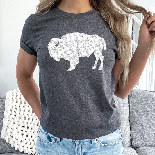 Boho Floral Buffalo Graphic Tee | Wild Flower | Wild West | Western Buffalo | Animal | Layering Tee | Short Sleeve