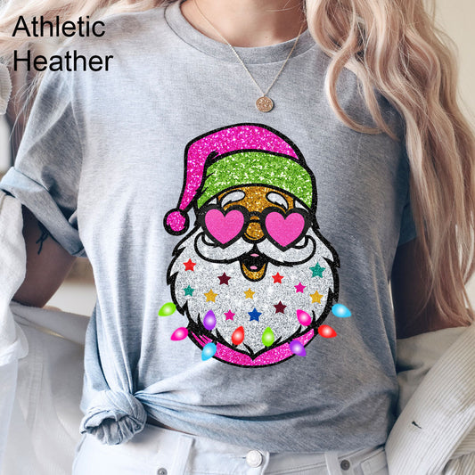 Sparkly Santa Graphic Tee | Faux Glitter Print | Bright Christmas | Glitter Santa | Pink Sparkle | Layering Tee | Holiday Sparkle | Merry And Bright