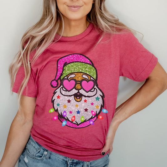 Sparkly Santa Graphic Tee | Faux Glitter Print | Bright Christmas | Glitter Santa | Pink Sparkle | Layering Tee | Holiday Sparkle | Merry And Bright