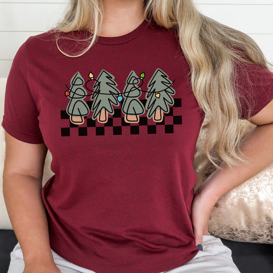 Checkered Tree Doodles Graphic Tee | Christmas Style | Christmas Lights | Doodle Trees | Holiday Season | Trendy | Layering Tee