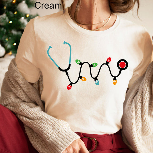 Christmas Stethoscope Graphic Tee | Nurse Doctor Medical Staff | Christmas Lights | Holiday Season | Doctor | Hospital |
