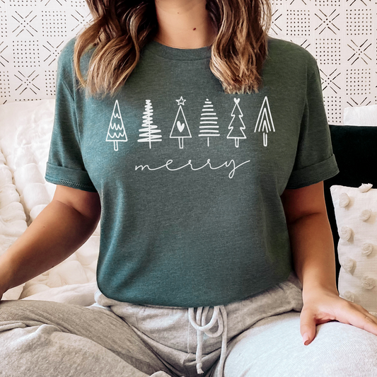 Merry Christmas Tree Doodles Graphic Tee | Merry | Christmas | Holiday Season | 6 Trees | Forest | Christmas Tree