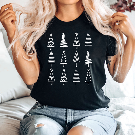 Doodle Christmas Tree Grid Graphic Tee | Holiday Season | Doddle Grid | Holiday Season | 12 Trees | White Design | Layering Tee