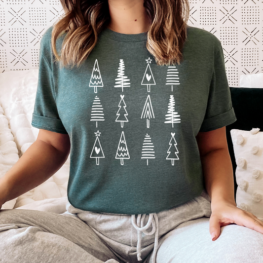 Doodle Christmas Tree Grid Graphic Tee | Holiday Season | Doddle Grid | Holiday Season | 12 Trees | White Design | Layering Tee