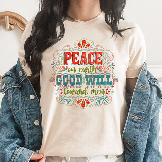 Peace On Earth Good Will Toward Men Graphic Tee | Christmas Graphic | Holiday | Song Lyrics | Gospel | Jesus | Decorative Pattern | Layering Tee