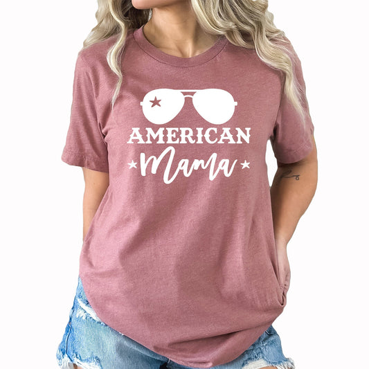 American Mama Graphic Tee |Sunglasses | Patriotic | USA | Stars | Freedom | Layering Tee | Red White Blue