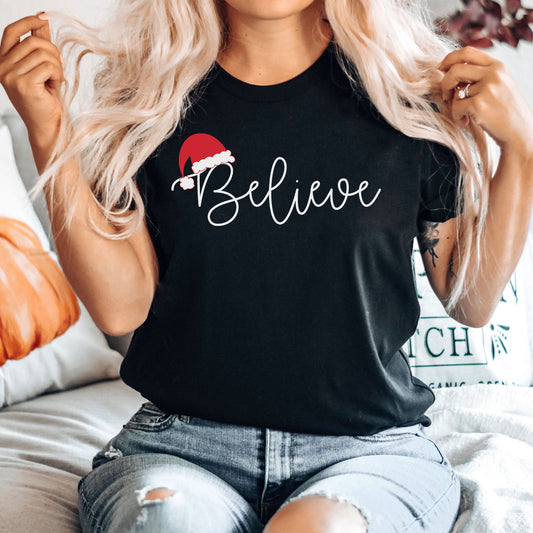 Believe Santa Hat Graphic Tee | Christmas Season | Holiday | Claus | Red Hat | I Believe | North Pole | Polar Express