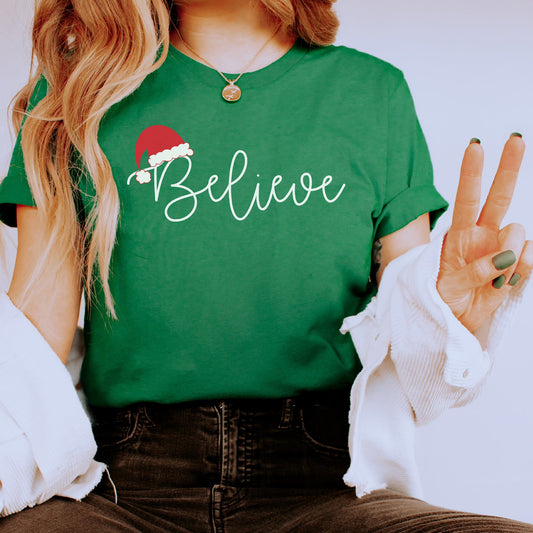 Believe Santa Hat Graphic Tee | Christmas Season | Holiday | Claus | Red Hat | I Believe | North Pole | Polar Express