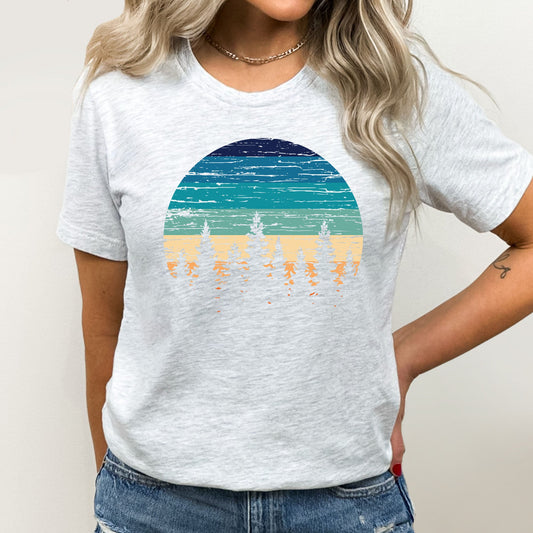Summer Retro Pine Graphic Tee | Pine Trees | Outdoor | Hiking | Mountains | Retro Stripes | Layering Tee | Destressed