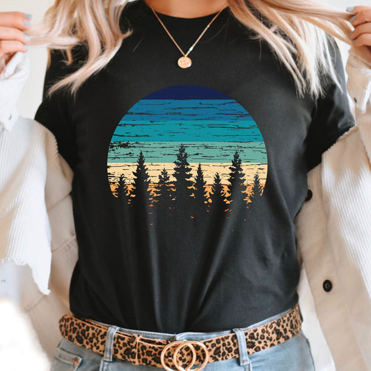 Summer Retro Pine Graphic Tee | Pine Trees | Outdoor | Hiking | Mountains | Retro Stripes | Layering Tee | Destressed