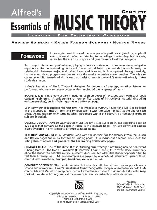 Alfred'S Essentials of Music Theory, Complete (Lessons * Ear Training * Workbook)-------------- (Cd'S Not Included)